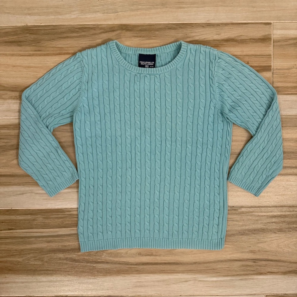 Vintage Polo Jeans Co Ralph Lauren Cable Knit Crewneck Sweater Aqua Blue M